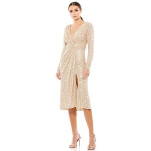 Ieena Mac Duggal 26555 Long Sleeve Sequin Midi Dress Side Slit Rose Gold Size 6